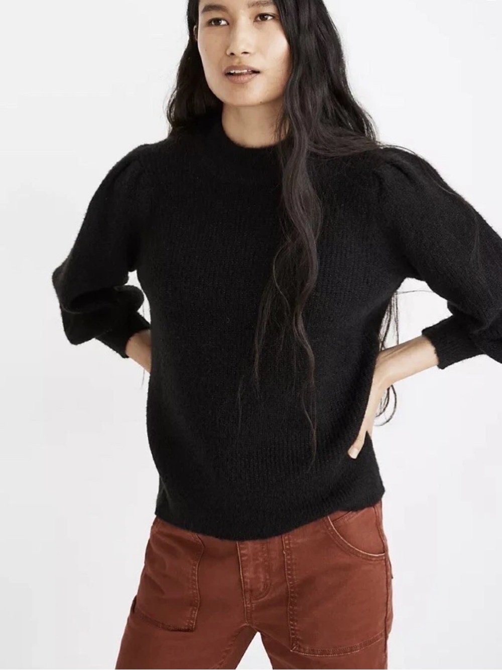 Madewell Eaton Puff-Sleeve Pullover Sweater Sparkle Black Women XXS EUC